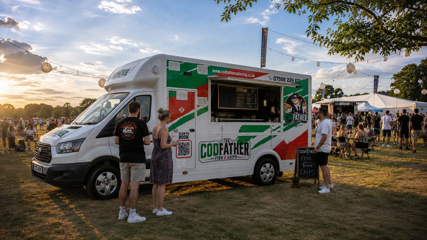 Festival crowd at fish and chip street food van, Scotland
